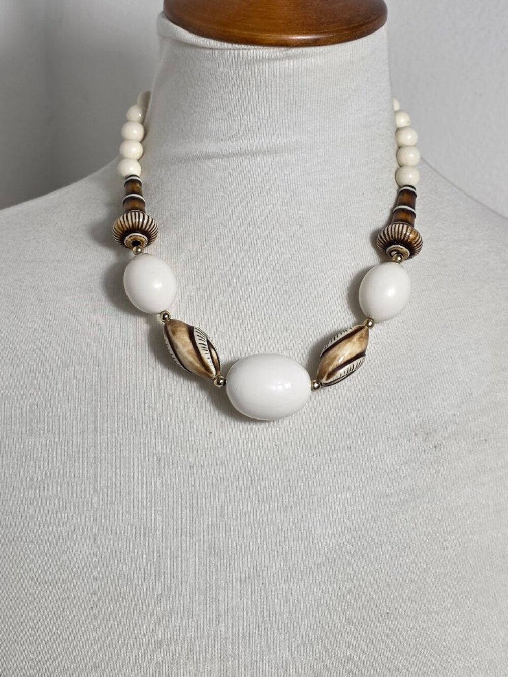 Vintage Chunky Statement Necklace Large White Beads & Carved Brown & White Beads